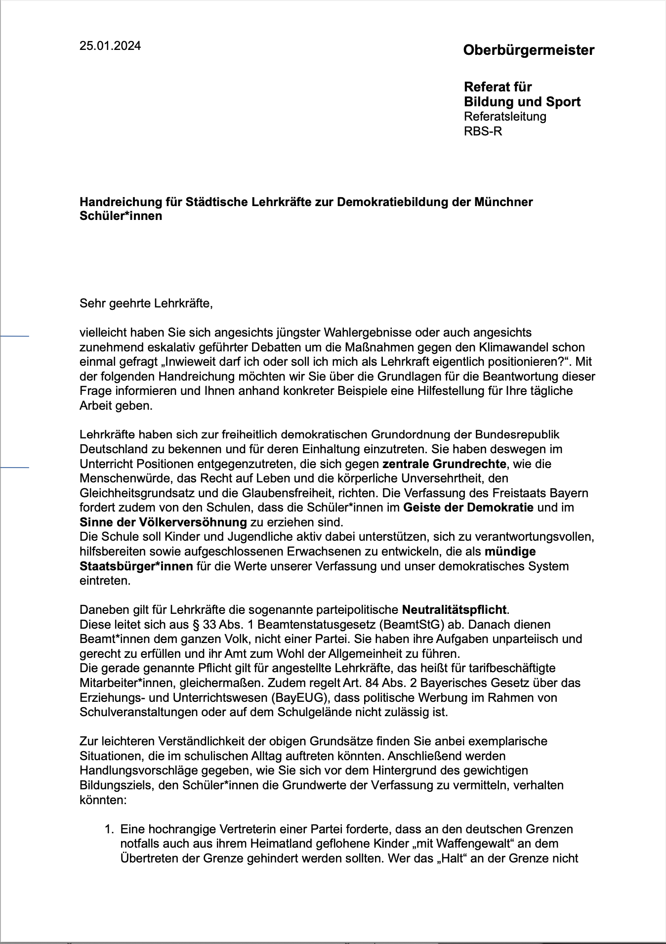 Handreichung für städtische Lehrkräfte zur Demokratiebildung der Münchner Schüler*innen